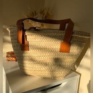 Woven Basket Bag with Leather Handles
